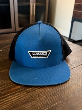 Volcom Blue and Black Trucker Hat with Logo Patch